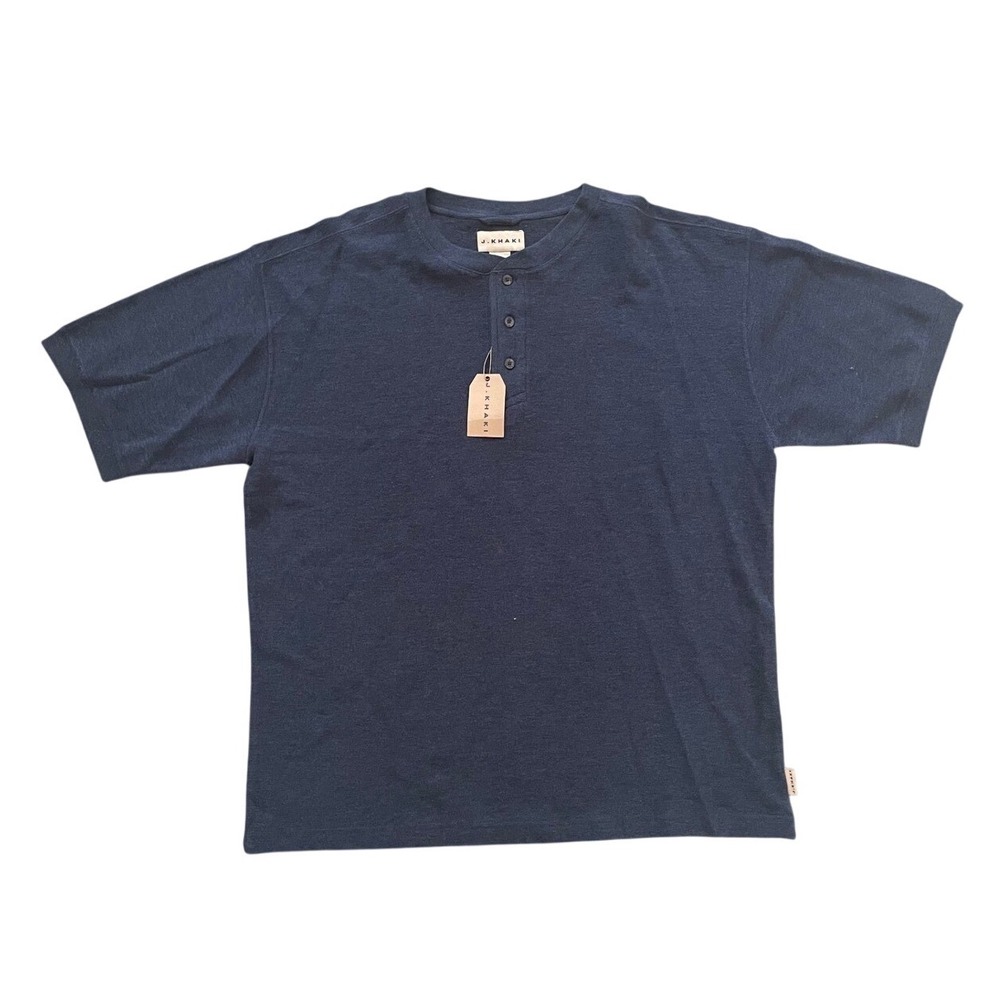 J. Khaki Henley T-Shirt Short Sleeve Casual Top Cotton Blend Blue L